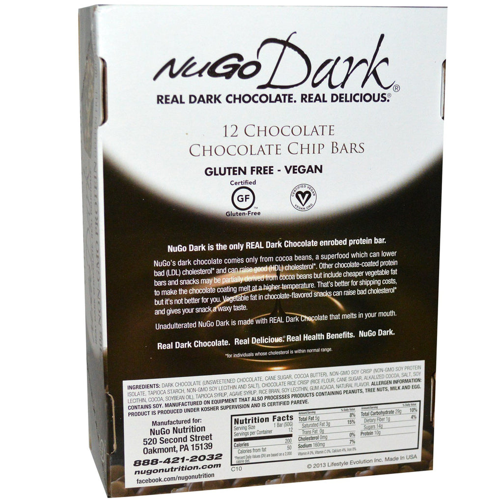 NuGo Nutrition, NuGo Dark, barras de proteína, chocolate con chispas de chocolate, 12 barras, 1,76 oz (50 g) cada una
