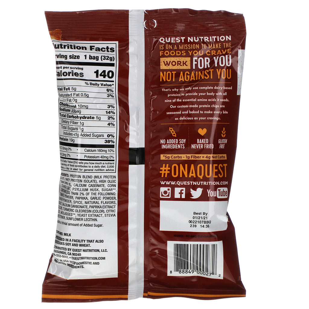 Quest Nutrition, Chips de proteína estilo original, BBQ, paquete de 12, 32 g (1,1 oz) cada uno