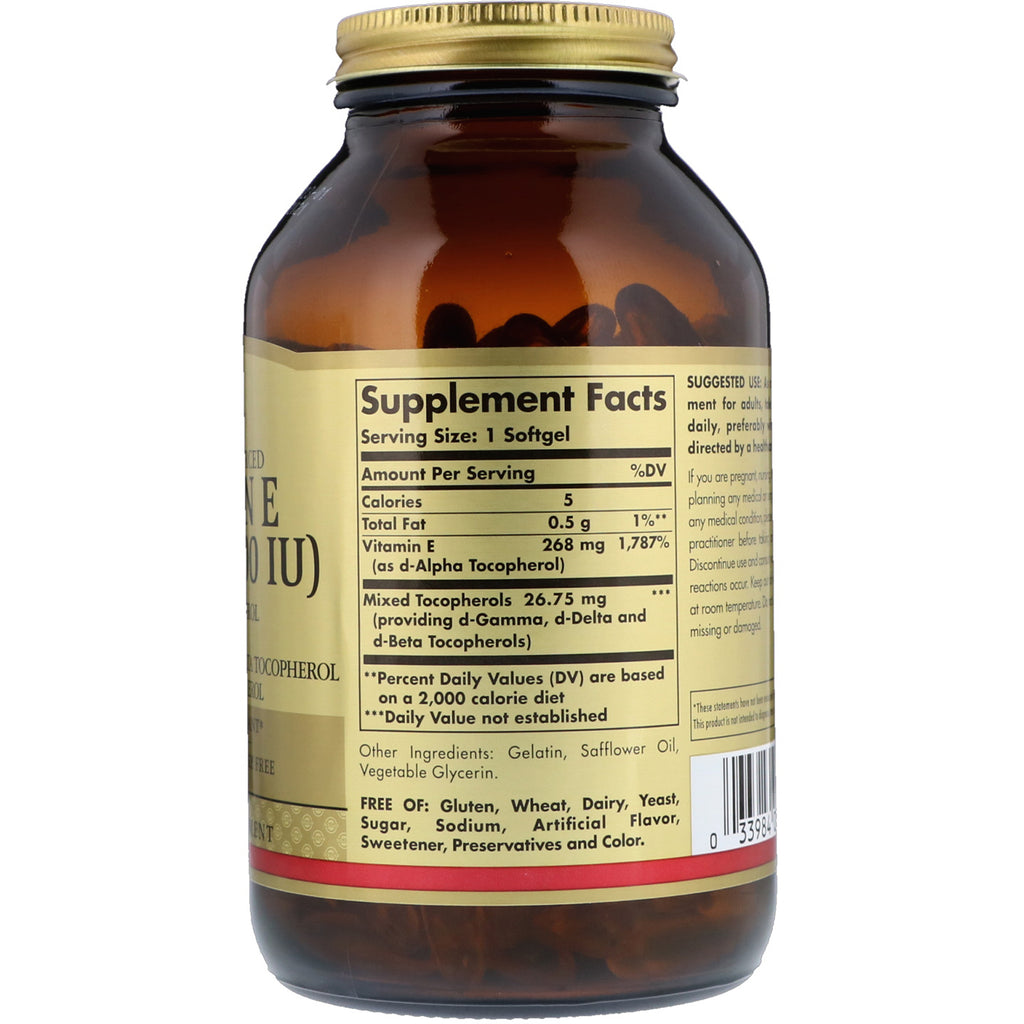 Solgar, vitamina E de origen natural, 268 mg (400 UI), 250 cápsulas blandas