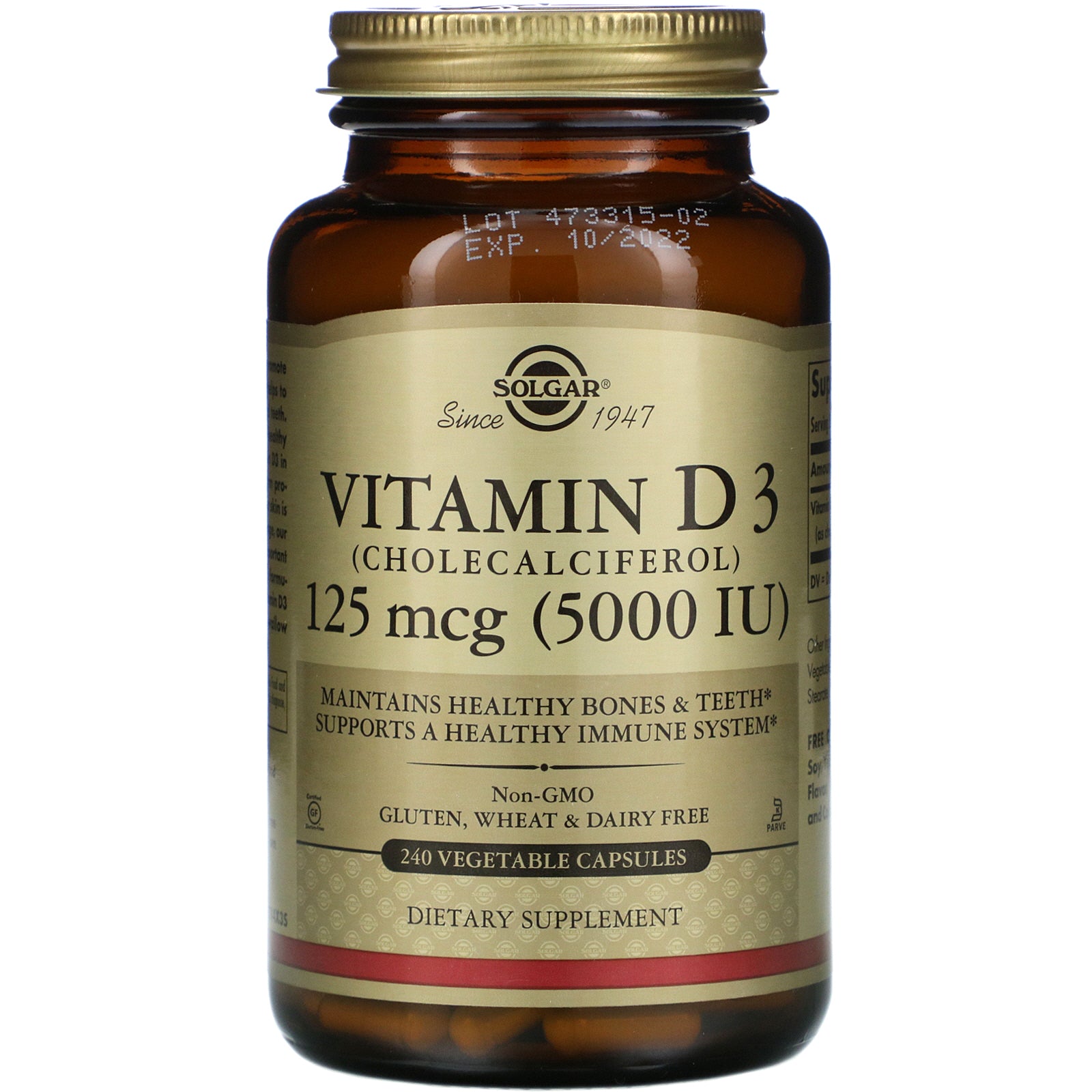 Solgar, Vitamin D3 (Cholecalciferol), 125 mcg (5,000 IU), 240 Vegetable Capsules