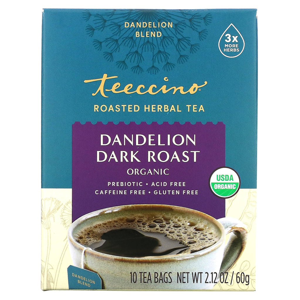 Teeccino,  Roasted Herbal Tea, Dandelion Dark Roast, Caffeine Free, 10 Tea Bags, 2.12 oz (60 g)