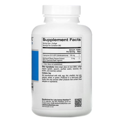 Lake Avenue Nutrition, CoQ10 USP con Bioperine, 100 mg, 360 cápsulas blandas