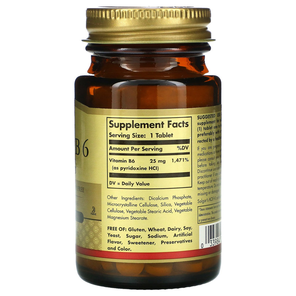 Solgar, vitamin B6, 25 mg, 100 tabletter