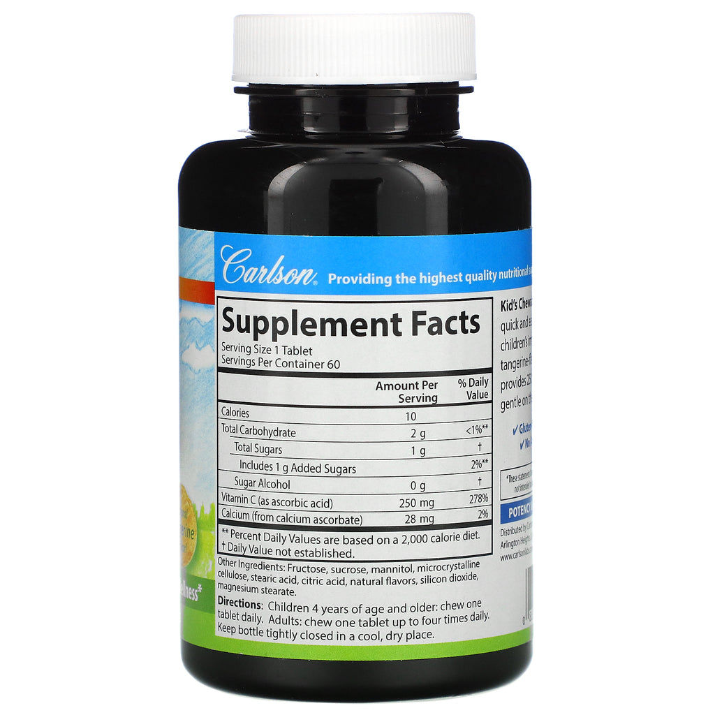 Carlson Labs, Kid's, vitamina C masticable, mandarina natural, 250 mg, 60 tabletas vegetarianas