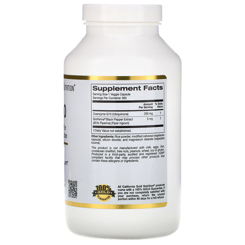 California Gold Nutrition, CoQ10 USP con bioperina, 200 mg, 360 cápsulas vegetales
