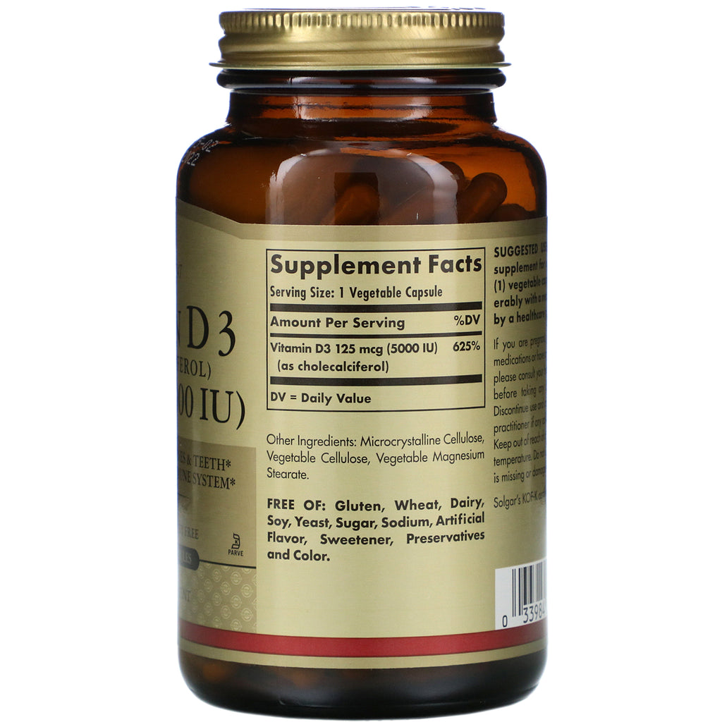 Solgar, vitamin D3 (Cholecalciferol), 125 mcg (5.000 IE), 240 vegetabilske kapsler