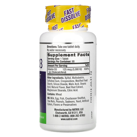 Natrol, vitamina D3, salud de huesos y articulaciones, fresa, 5000 UI, 90 tabletas