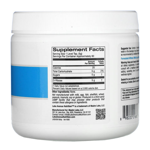Lake Avenue Nutrition, D-Ribose Powder, Unflavored, 10.6 oz (300 g)
