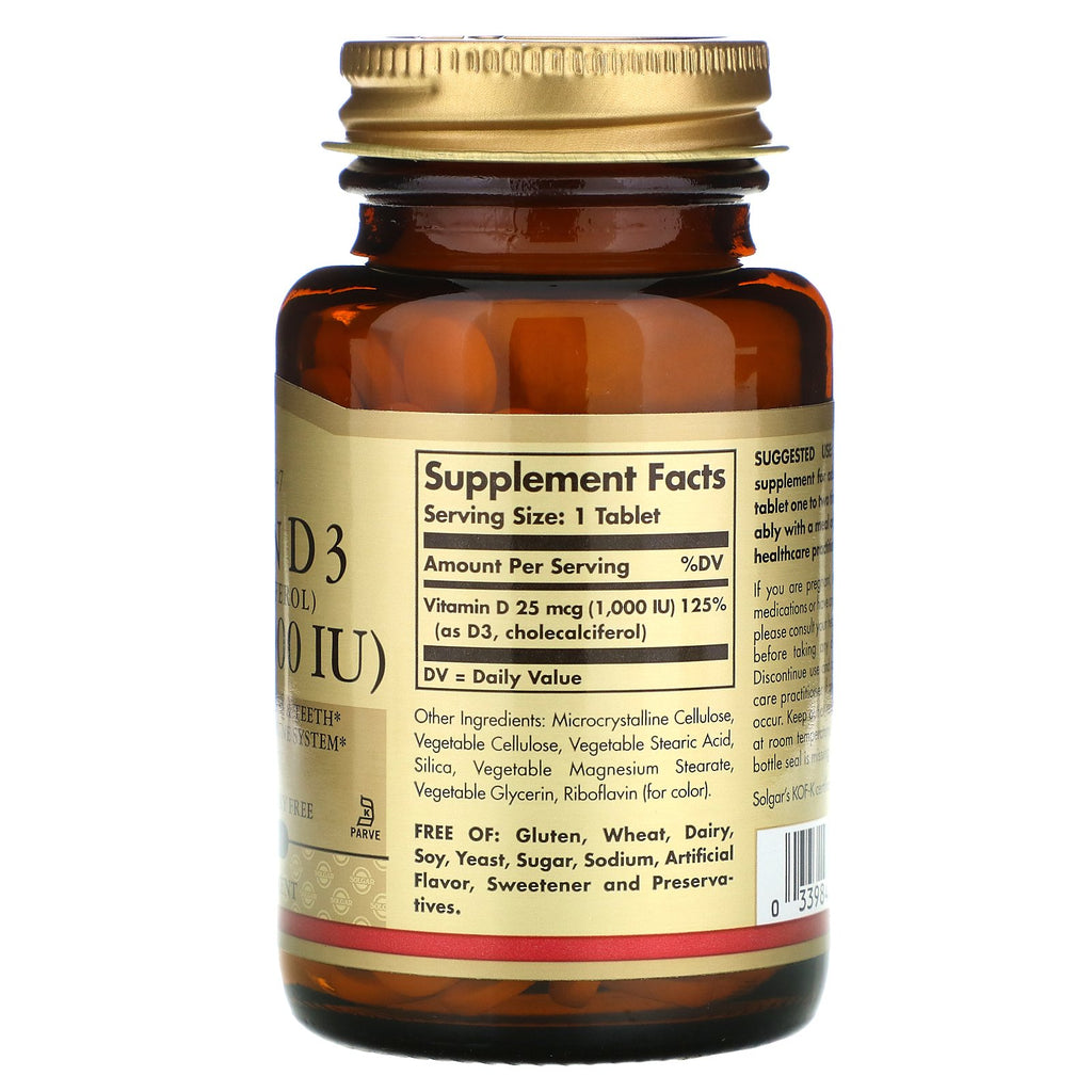 Solgar, vitamina D3, 25 mcg (1000 UI), 180 comprimidos