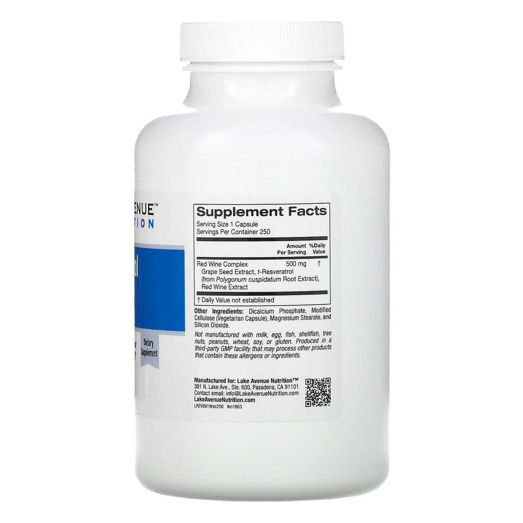 Lake Avenue Nutrition, Complejo de resveratrol, 500 mg, 250 cápsulas