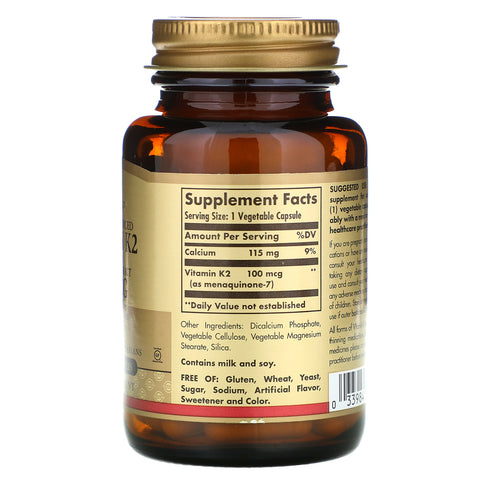 Solgar, vitamina K2 de origen natural, 100 mcg, 50 cápsulas vegetales