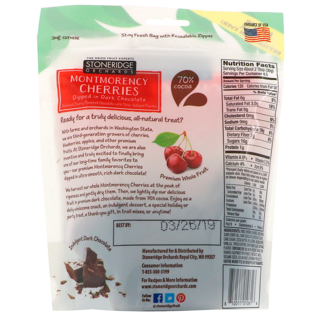 Stoneridge Orchards, cerezas Montmorency, bañadas en chocolate amargo, 70 % cacao, 5 oz (142 g)
