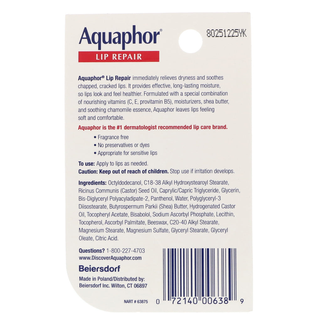 Aquaphor, Lip Repair, øjeblikkelig lindring, parfumefri, 0,35 fl oz (10 ml)