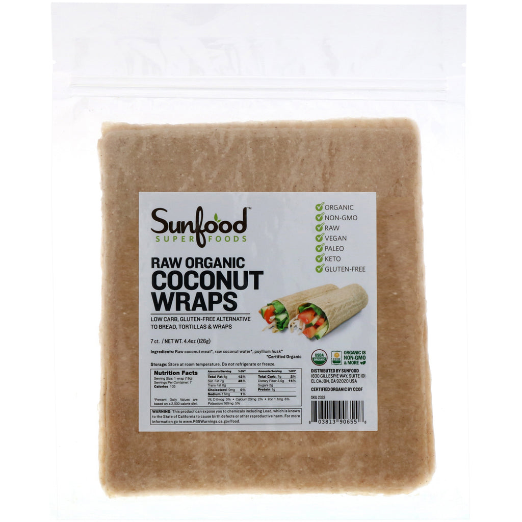 Sunfood, Raw Organic Coconut Wraps, 7 Wraps, 4.4 oz (126 g)