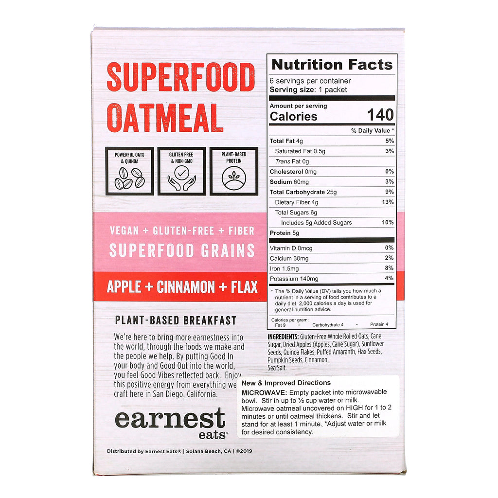 Earnest Eats, Superfood Instant Havregryn, Æble + Kanel + Hør, 6 pakker, 8,47 oz (240 g)