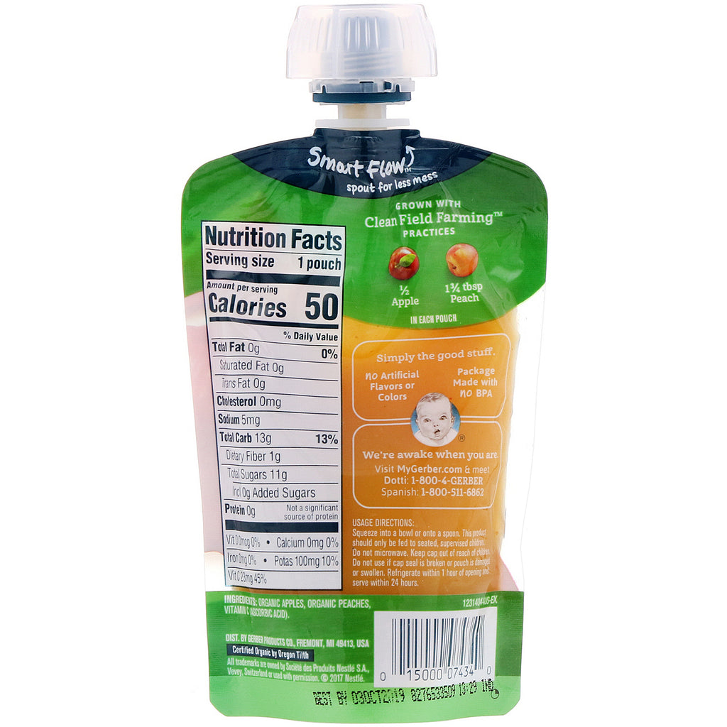 Gerber, Smart Flow, comida orgánica para bebés, manzanas y melocotones de verano, 3,5 oz (99 g)