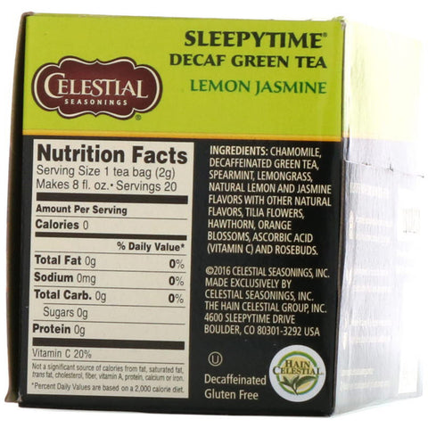 Himmelske krydderier, Sleepytime grøn citronjasmin, koffeinfri, 20 teposer, 1,1 oz (31 g)