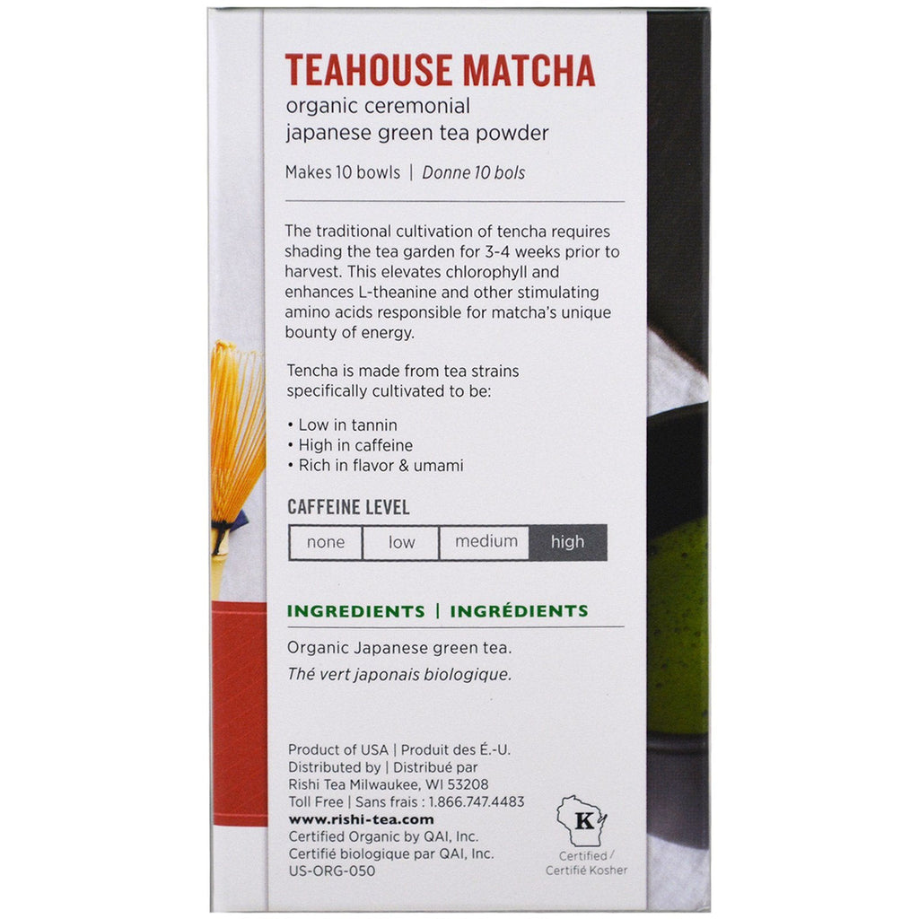 Rishi Tea, Teahouse Matcha, Té verde japonés ceremonial en polvo, 0,70 oz (20 g)