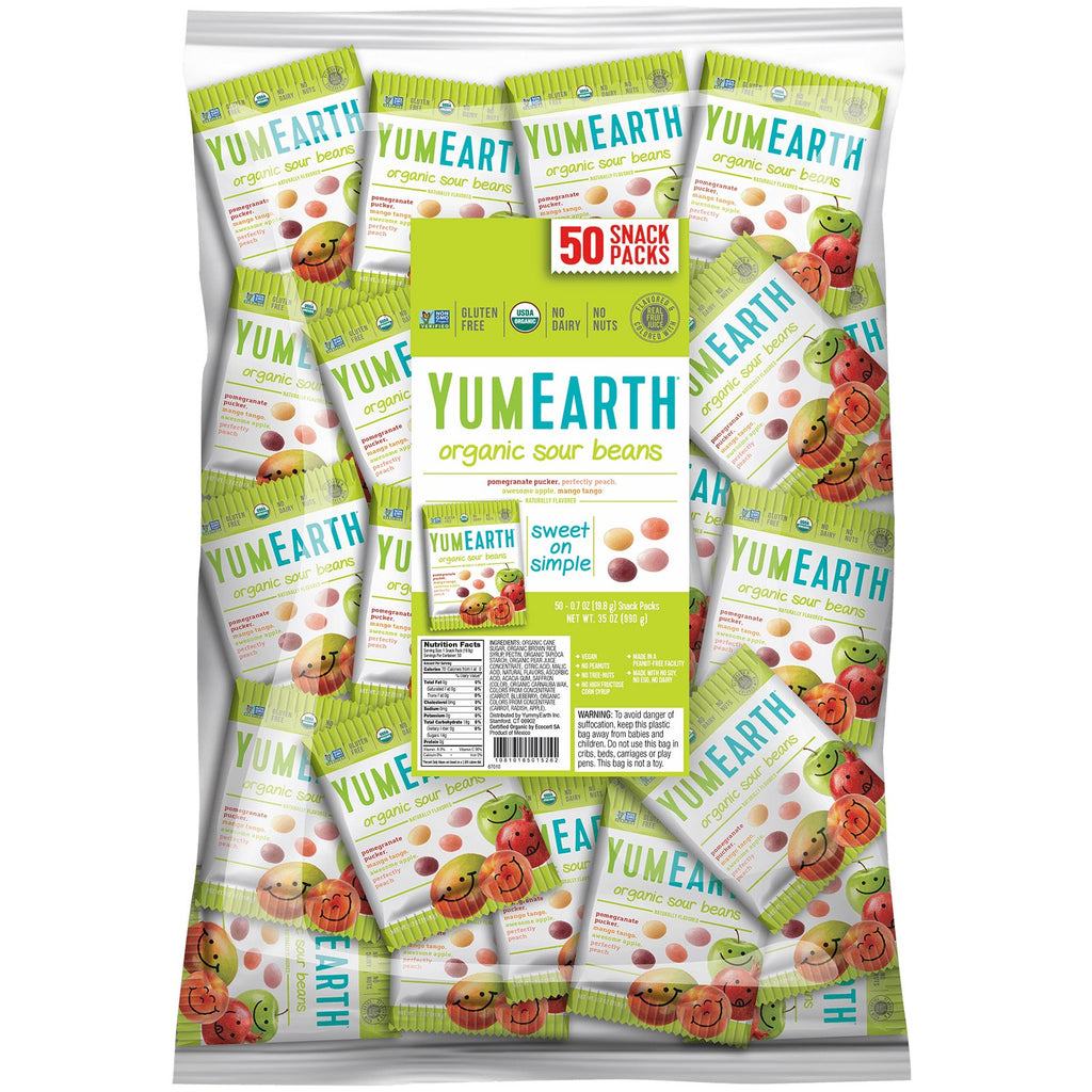 YumEarth, Sour Jelly Beans, Snack Pack (Bulk), 50 Snack Packs, 20 g Each