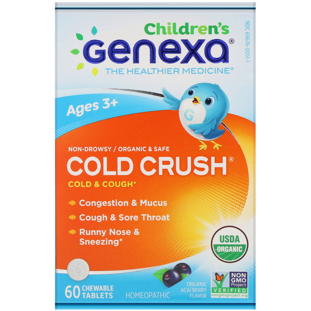 Genexa, Children's Cold & Cough, Cold Crush, Organic Acai Berry Flavor, Ages 3+, 60 Chewable Tablets