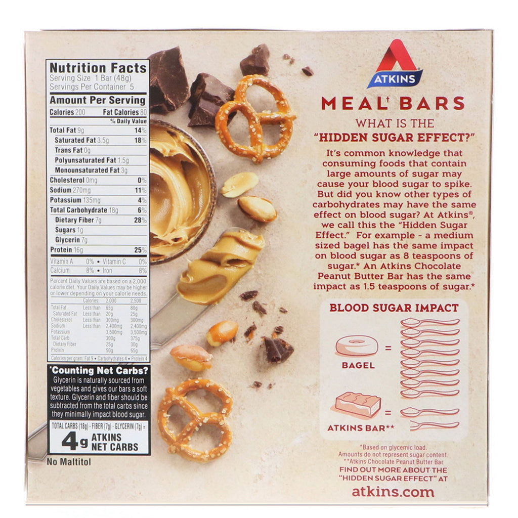 Atkins, chokolade peanut butter pretzel bar, 5 barer, 1,69 oz (48 g) hver