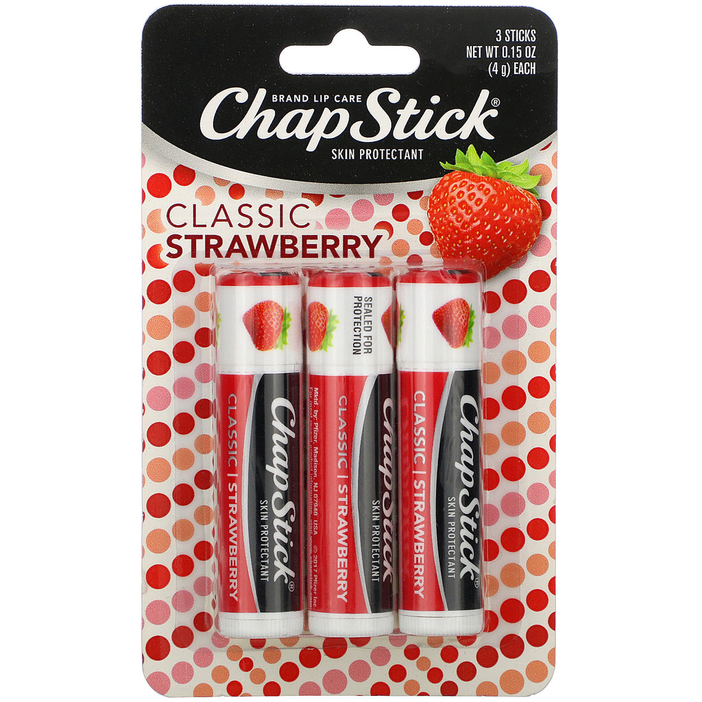 Chapstick, protector de la piel para el cuidado de los labios, fresa clásica, 3 barras, 4 g (0,15 oz) cada una