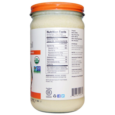 Nutiva, Aceite de coco, refinado, 23 fl oz (680 ml)