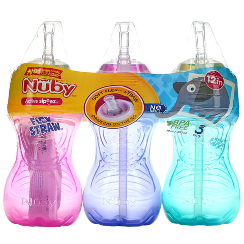 Nuby, No Spill FlexStraw Cups, 12+ Months, Girl, 3 Pack, 10 oz (300 ml) Each
