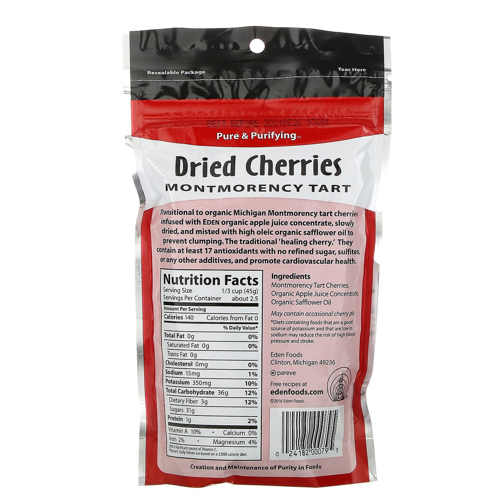 Eden Foods, Tarta Montmorency de cerezas secas seleccionadas, 4 oz (113 g)