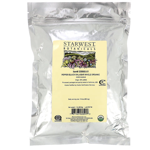 Starwest Botanicals, Pepper Black Malabar Whole, Organic, 1 lb (453.6 g)