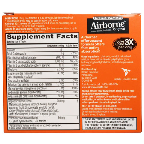 AirBorne, Original, Immune Support, Blast of Vitamin C, Zesty Orange, 3 Tubes, 10 Effervescent Tablets Each