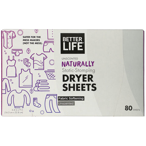 Better Life, Naturally Static-Stomping Dryer Sheets, Unscented, 80 Sheets