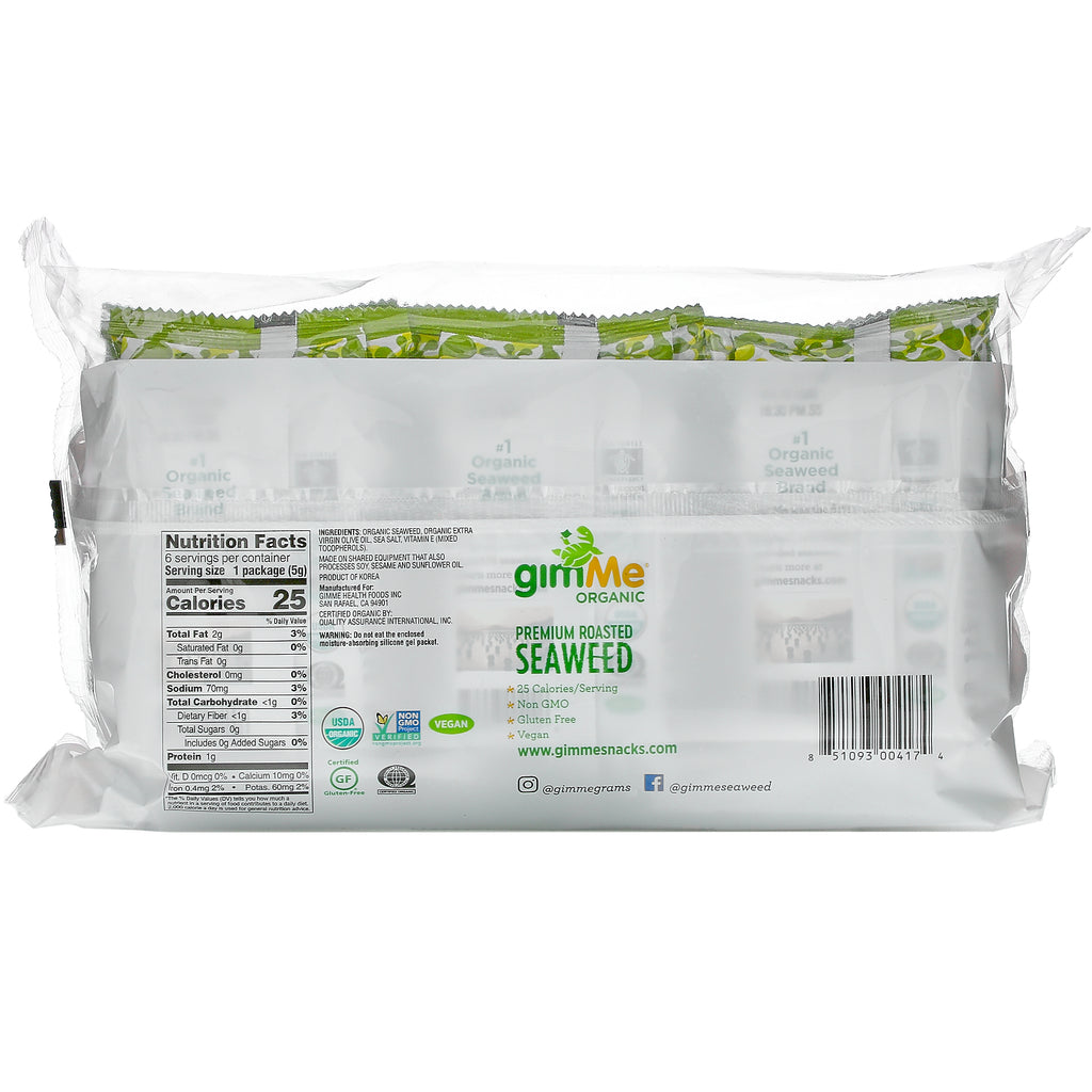 gimMe, Premium Roasted Seaweed, Extra Virgin Olive Oil, 6 Pack. 0.17 oz (5 g) Each