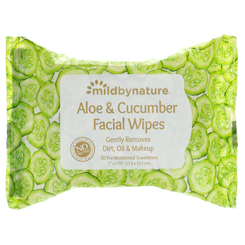 Mild By Nature, Aloe & Cucumber Facial Wipes, Biodegradable, 30 Pre-Moistened Towelettes