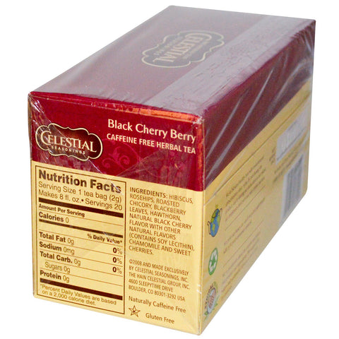 Celestial Seasonings, té de hierbas, cereza negra, sin cafeína, 20 bolsitas de té, 1,6 oz (44 g)