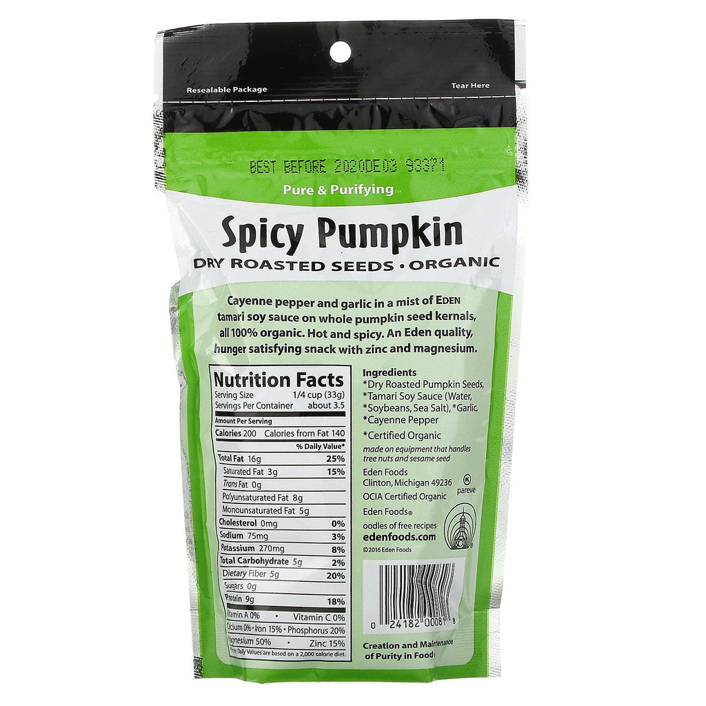 Eden Foods, , Spicy Pumpkin Dry Roasted Seeds, 4 oz (113 g)