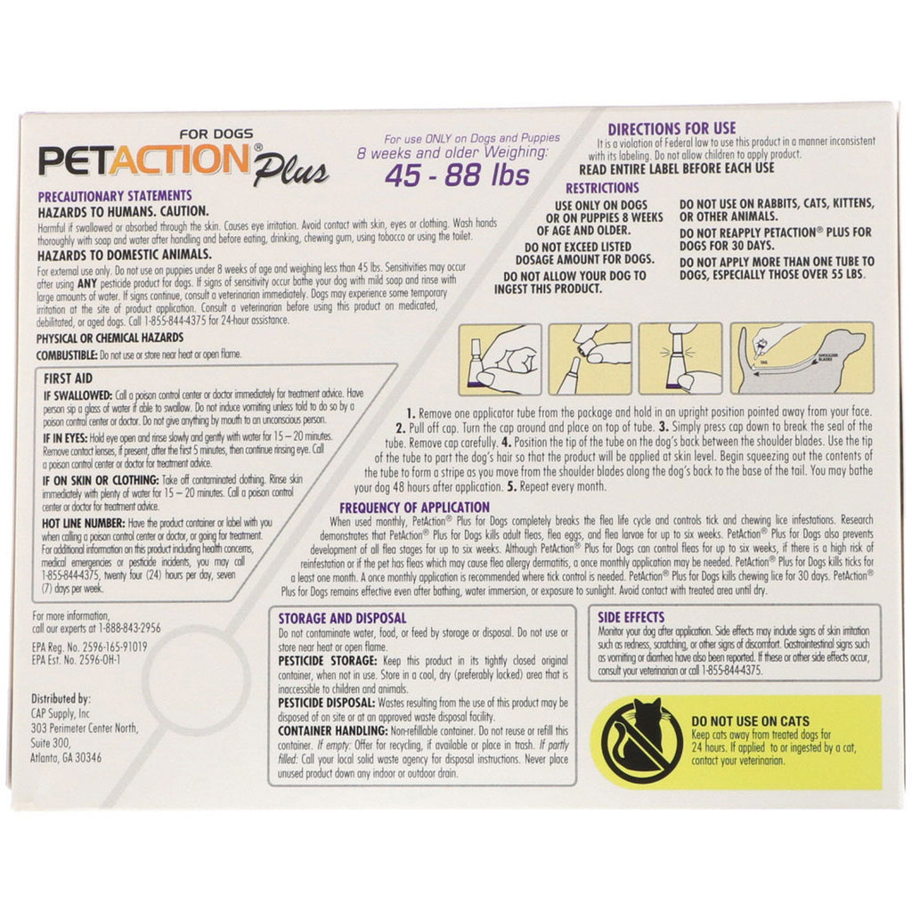 PetAction Plus, til hunde, 45-88 lbs, 3 doser - 0,091 fl oz (2,68 ml) hver