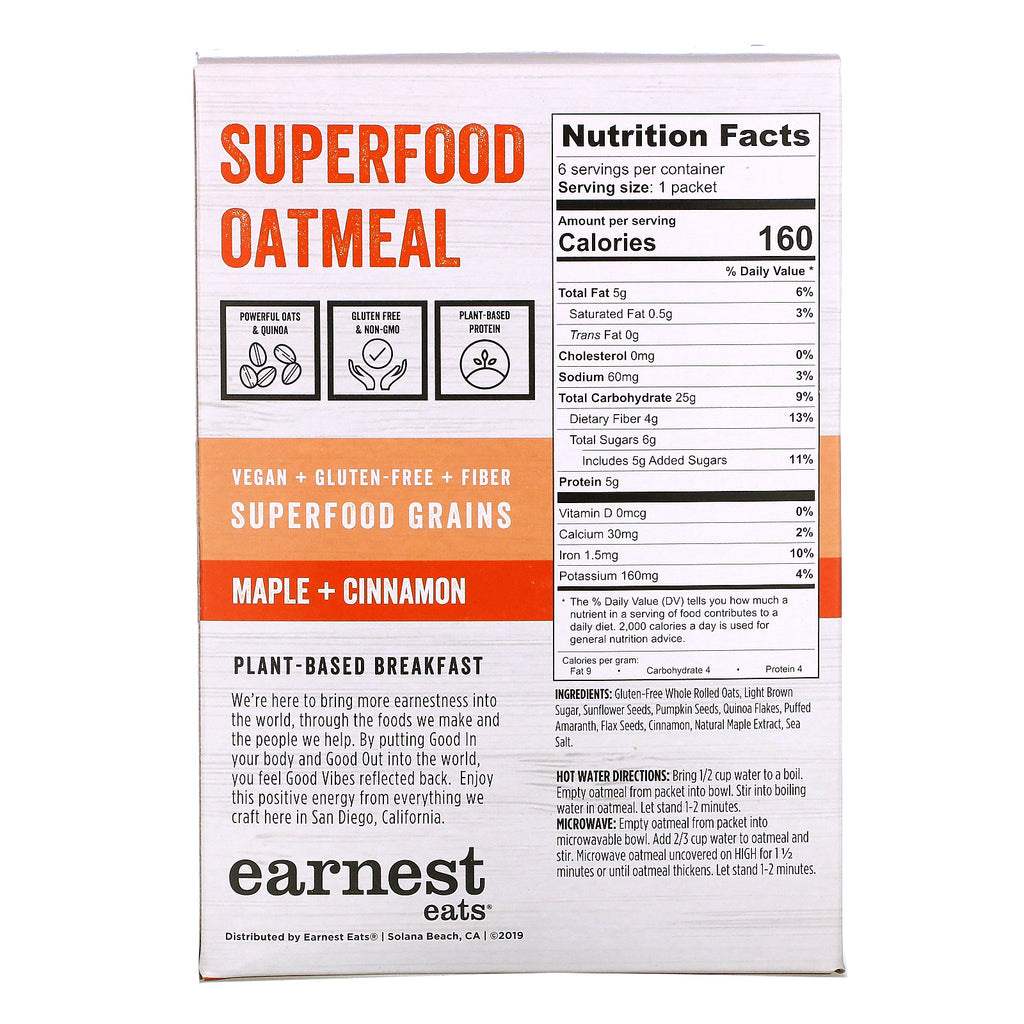 Earnest Eats, Superfood Instant Havregryn, Maple Cinnamon, 6 pakker, 8,47 oz (240 g)