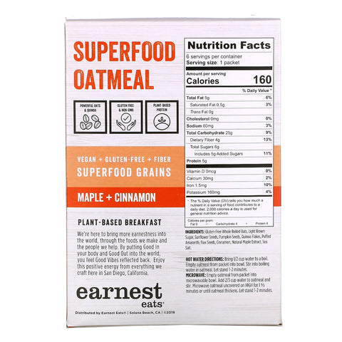 Earnest Eats, Superfood Instant Havregryn, Maple Cinnamon, 6 pakker, 8,47 oz (240 g)