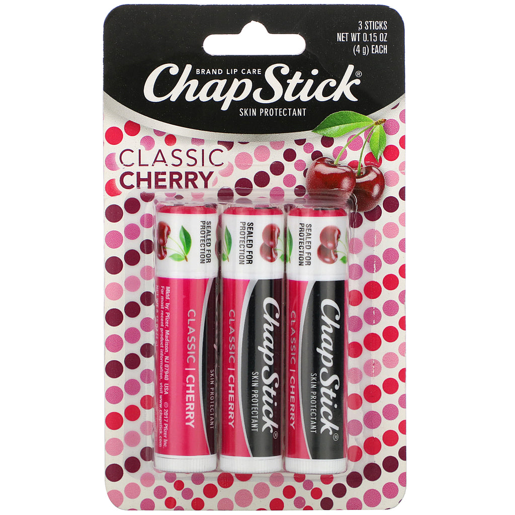 Chapstick, protector de la piel para el cuidado de los labios, cereza clásica, 3 barras, 4 g (0,15 oz) cada una