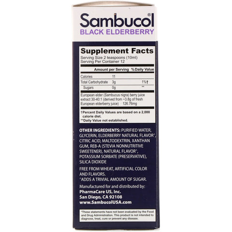 Sambucol, sort hyldebærsirup, sukkerfri formel, 4 fl oz (120 ml)