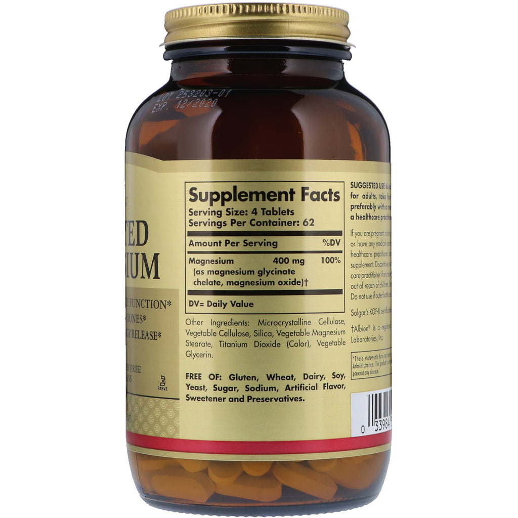 Solgar, chelateret magnesium, 250 tabletter