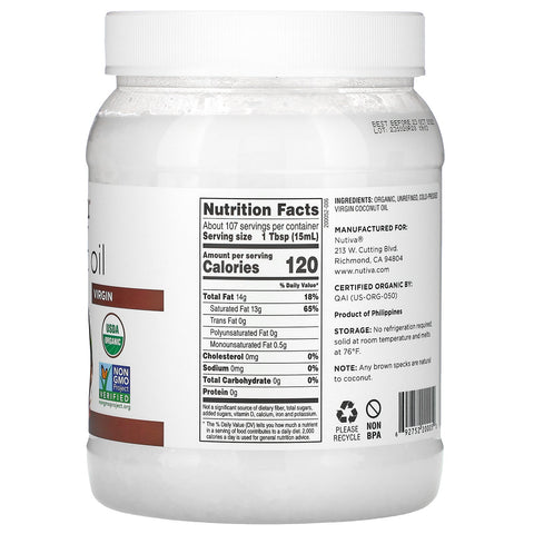 Nutiva, Aceite de coco, Virgen, 54 fl oz (1,6 L)