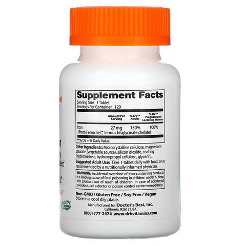 Doctor's Best, højabsorptionsjern med Ferrochel, 27 mg, 120 tabletter