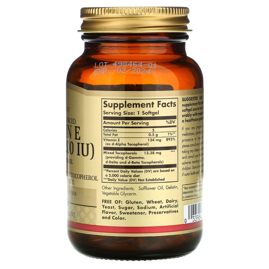 Solgar, vitamina E de origen natural, 134 mg (200 UI), 100 cápsulas blandas
