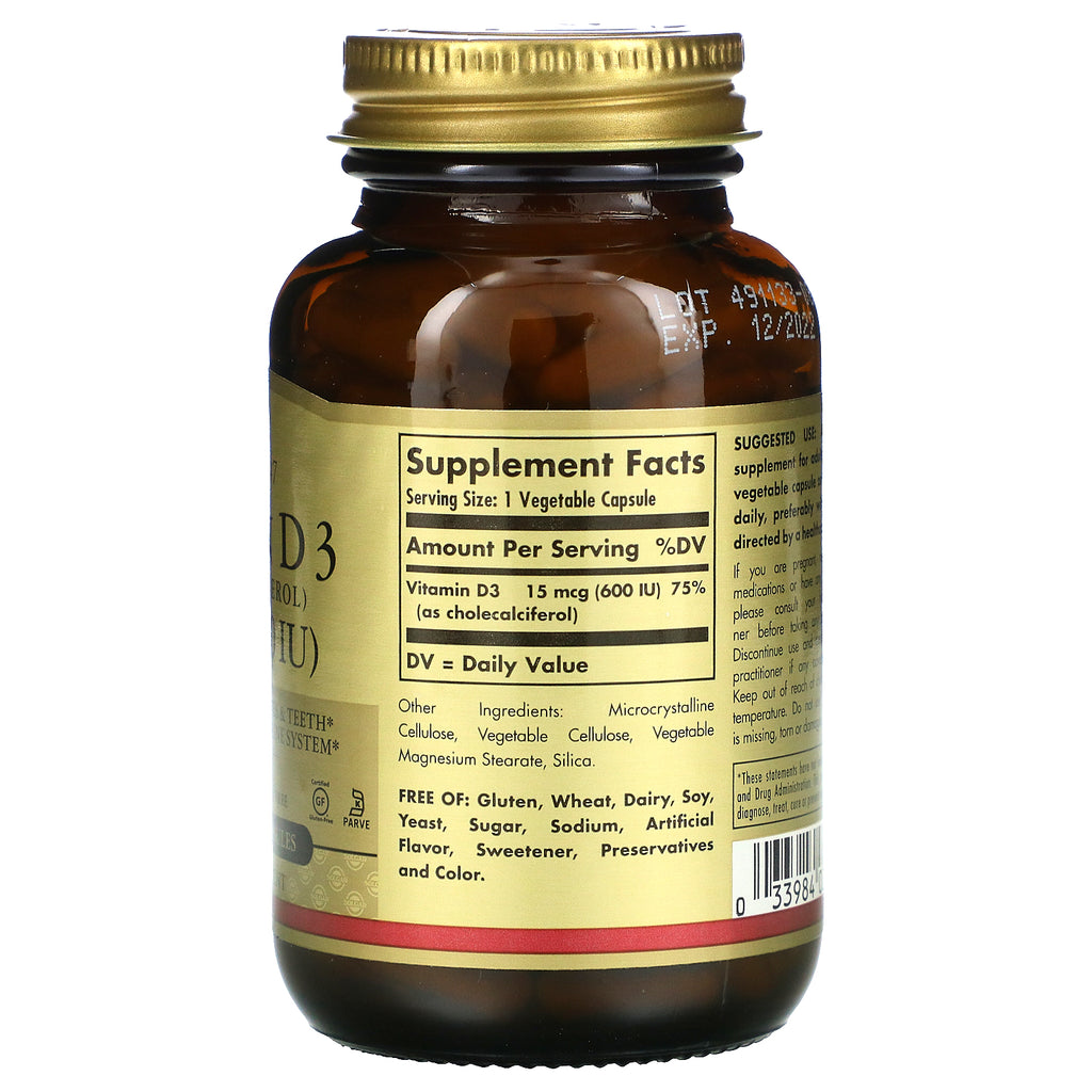 Solgar, Vitamina D3 (Colecalciferol), 15 mcg (600 UI), 120 Cápsulas Vegetales