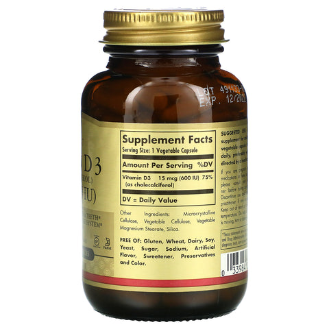 Solgar, Vitamina D3 (Colecalciferol), 15 mcg (600 UI), 120 Cápsulas Vegetales