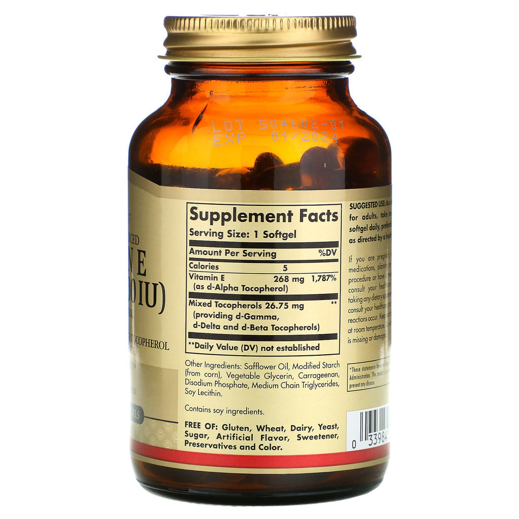 Solgar, vitamina E de origen natural, 268 mg (400 UI), 100 cápsulas blandas vegetarianas