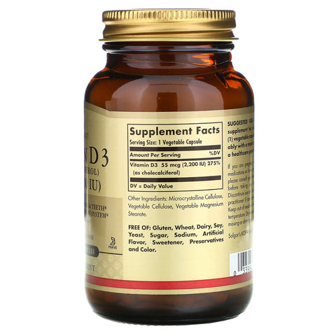 Solgar, vitamin D3 (Cholecalciferol), 55 mcg (2.200 IE), 100 vegetabilske kapsler