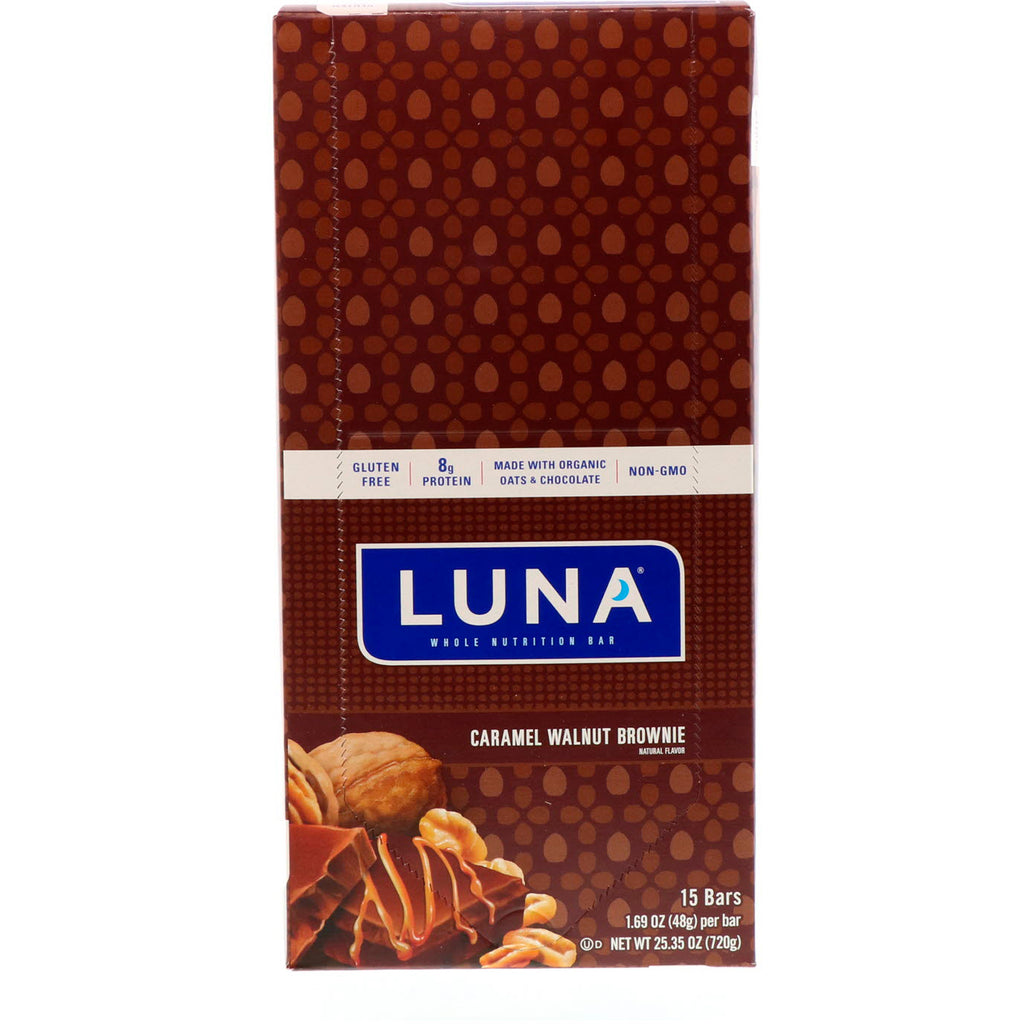 Clif Bar, Luna, barra nutricional integral para mujeres, brownie de caramelo y nueces, 15 barras, 1,69 oz (48 g) cada una